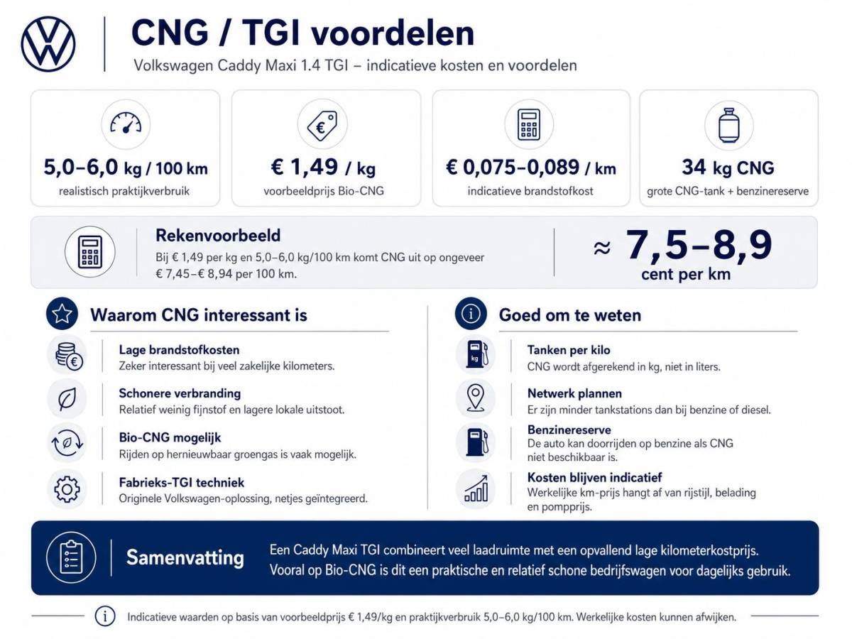 Volkswagen Caddy Volkswagen Caddy 1.4 TGI L2H1 EcoFuel Maxi Comfortline Airco Cruise PDC Verwarmbare voorruit Comfortstoelen Alarm Bluetooth Schuifdeur