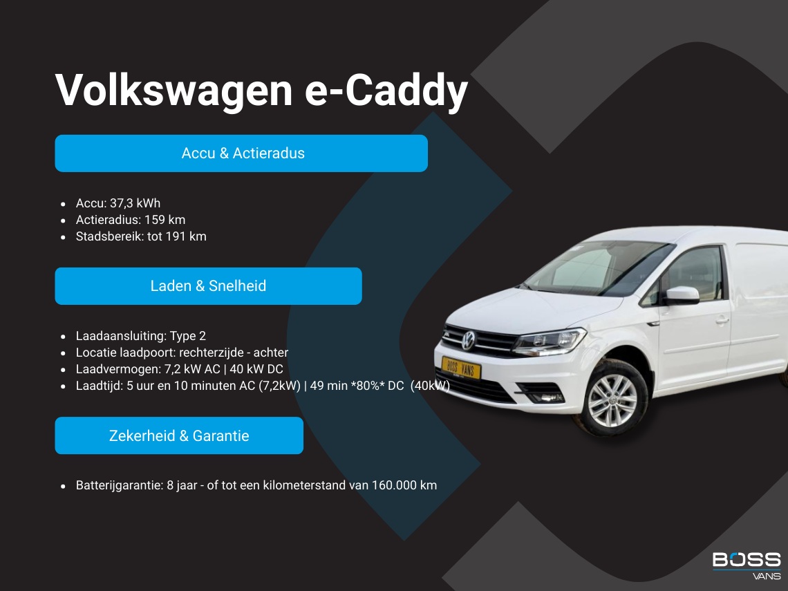 Volkswagen Caddy Volkswagen e-Caddy 37kWh 113PK L2 Elektrisch Caddy ABT Maxi 37,3kWh 159km WLTP LED Snelladen Trekhaak Airco Carplay Parkeersensoren Achter