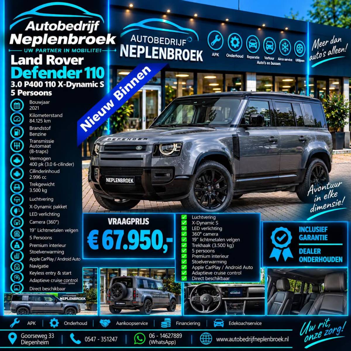 Land Rover Defender Land Rover Defender 110 3.0 P400 110 X-Dynamic S 5 Persoons Luchtvering Trekhaak LED Camera Urban 19”