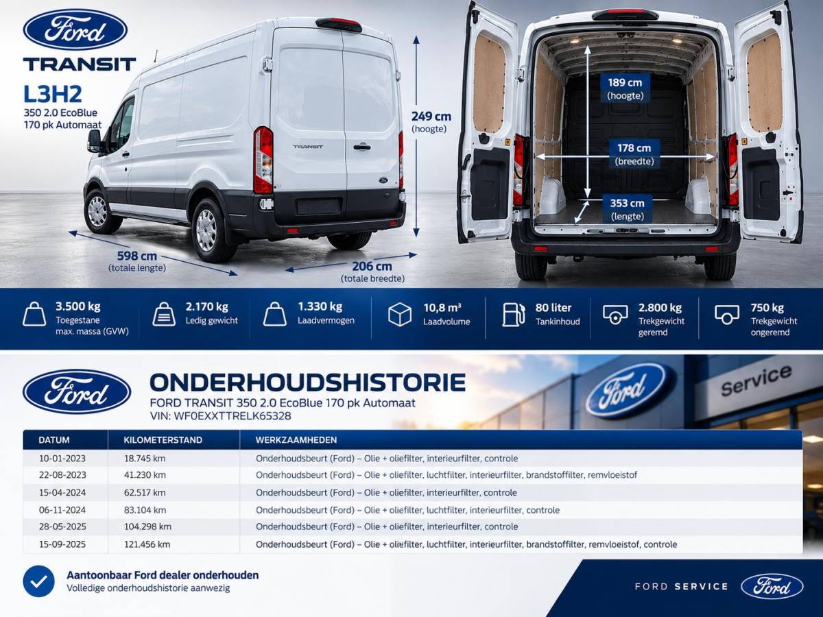 Ford Transit Ford Transit 350 2.0 TDCI L3H2 Trend 170PK Automaat PDC VA+Camera Carplay Navi BLIS Cruise Control Airco Voorruitverwarming