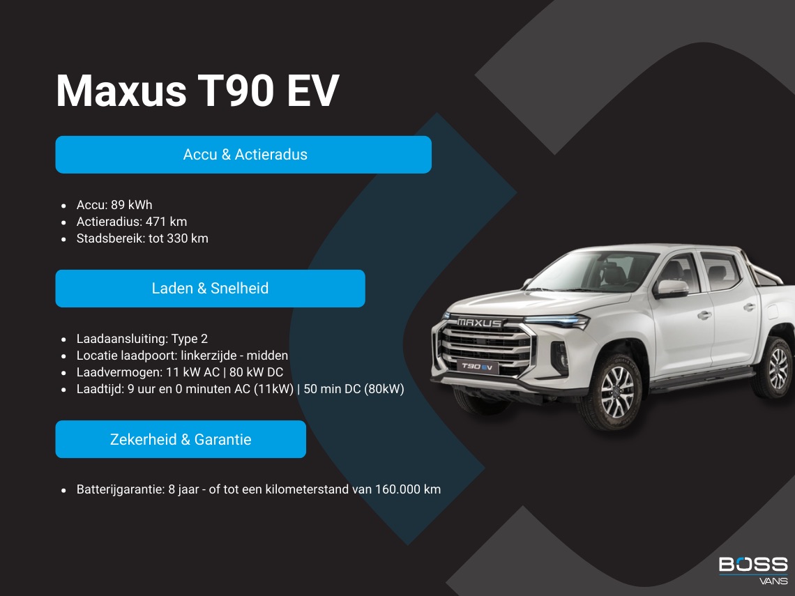 Maxus T90 EV Elektrisch Pickup 471km WLTP 93.4% (SOH) Snelladen LED Climate control Carplay Camera Elektrisch verstelbare lederen stoelen 4×2 Pick-Up Dubbele cabine